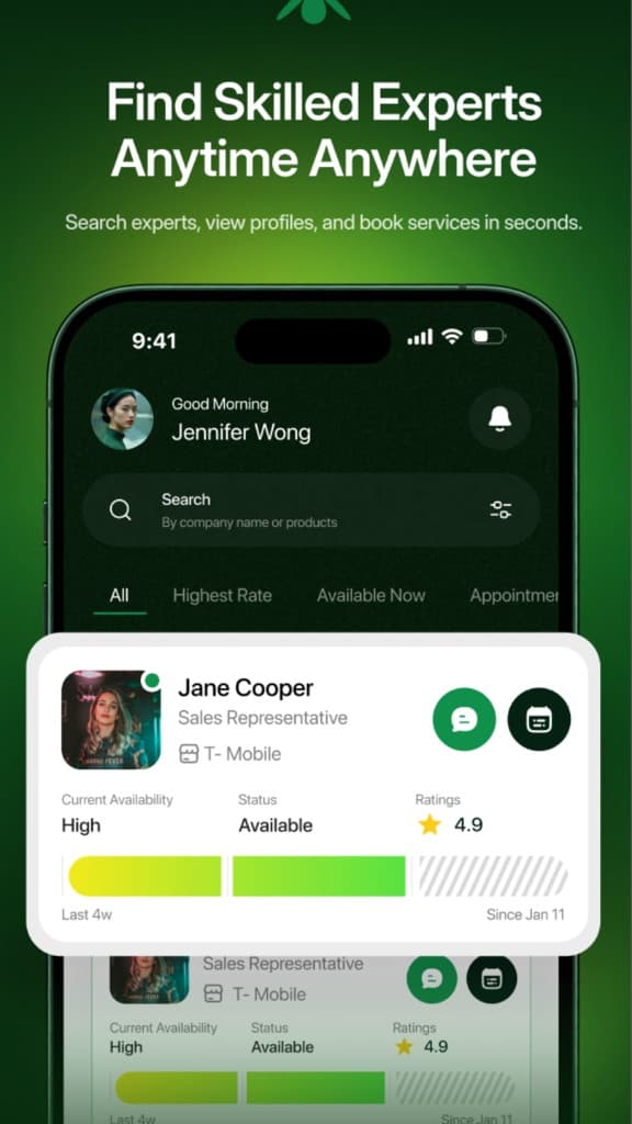 Expert search, profiles, booking, and trust metrics on mobile