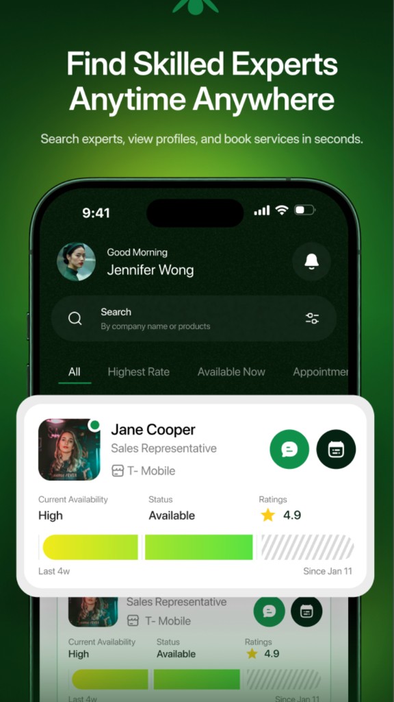 Expert search, profiles, booking, and trust metrics on mobile