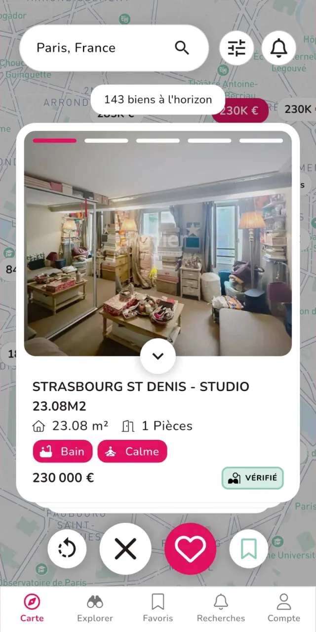 Bazzile's swipe browsing, from its App Store screenshots: a listing card over the map, with dismiss and like buttons beneath it — a feature Bolt Fusion built